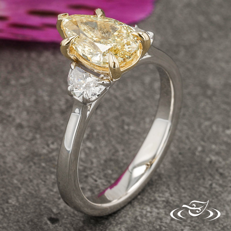 Two-Tone Yellow Pear Shape Lab Diamond 3-Stone Ring