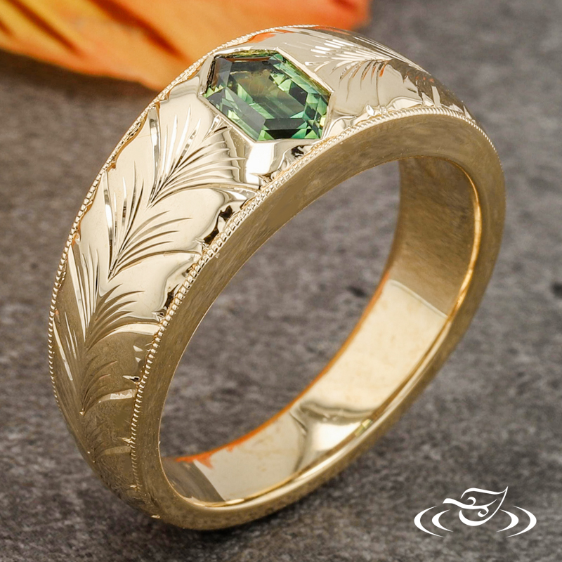 Hexagon Sapphire Engraved Band