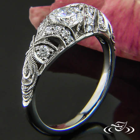 Platinum Floral Pierced Antique Mounting With Hybrid Set Round Diamond With (26) Round Diamonds Bead Set On The Sides