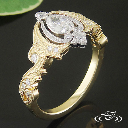 18K Yellow Gold And Platinum Scroll Diamond Ring