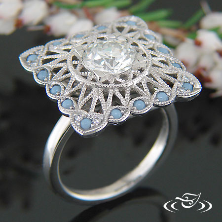 Platinum Antique Style Pierced Diamond And Opal Square Halo Ring