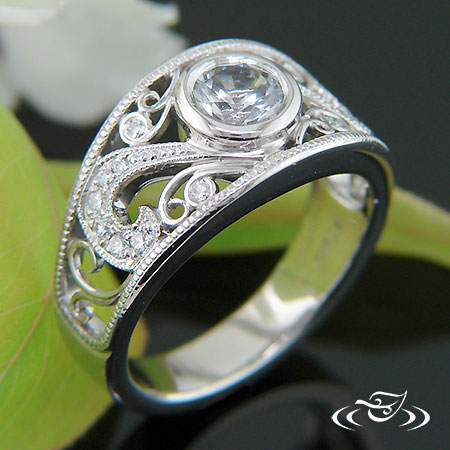 Platinum White Sapphire And Diamond Curl Filigree Ring