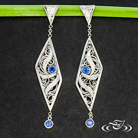 Palladium Fabricated Drop Trapeziod Drop Earrings With Blue Sapphires