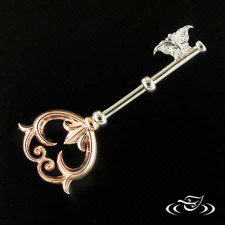 Ornate 14K Rose Gold And Silver Key Pendant