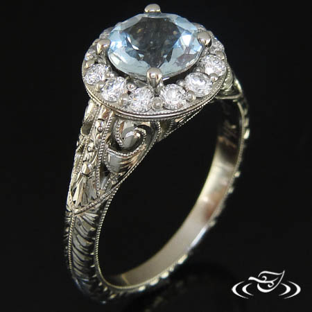 Vintage Style Ring With Diamond Halo And Aquamarine Center