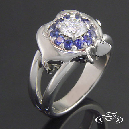 14K White Gold Diamond Sapphire Dolphin Halo Ring