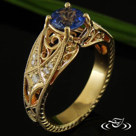 14K Yellow Blue Sapphire Filigree And Diamond Ring