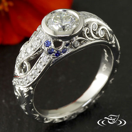 Custom Platinum Filigree, Diamond, And Sapphire Engagement Ring